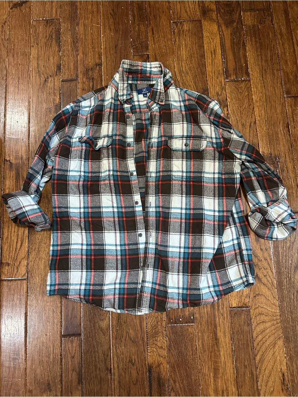 🍂 George Fall Plaid Flannel Shirt in Brown, Teal & Red Size xl